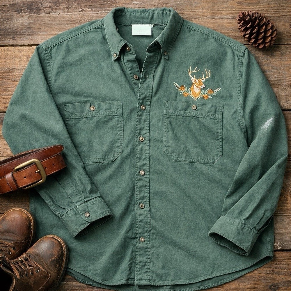 Artisans Button Down Shirt Mens XXL Green Good Embroidered Deer Hunting Cotton